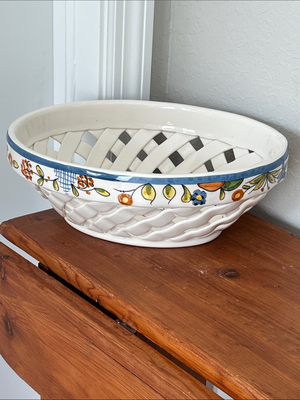 Nazari Portugal Hand Painted /Signed Large Ceramic floral Lattice Bowl